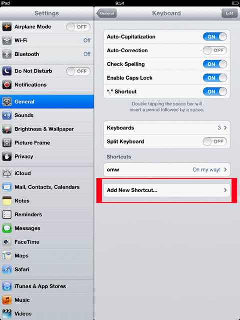 iOS Keyboard Settings, New Shortcut